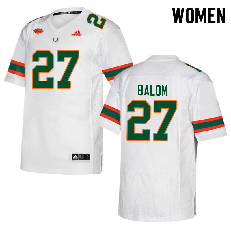Women #27 Brian Balom Miami Hurricanes College Football Jerseys Sale-White - Click Image to Close
